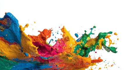 Vibrant colored paint splashes in mid-air isolated on white background with dynamic liquid motion for art, creativity, and abstract design concepts
