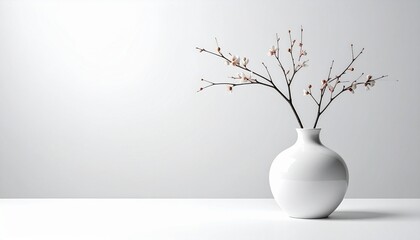 Glossy white ceramic vase with classic shape, narrow neck and rounded body, placed against plain white background with soft shadows and reflections, minimalist and elegant composition.