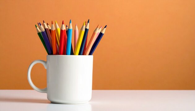 White ceramic mug filled with sharpened colored pencils arranged in fan shape, vibrant hues including red, orange, yellow, green, blue, and purple, placed on light surface with soft beige gradient bac