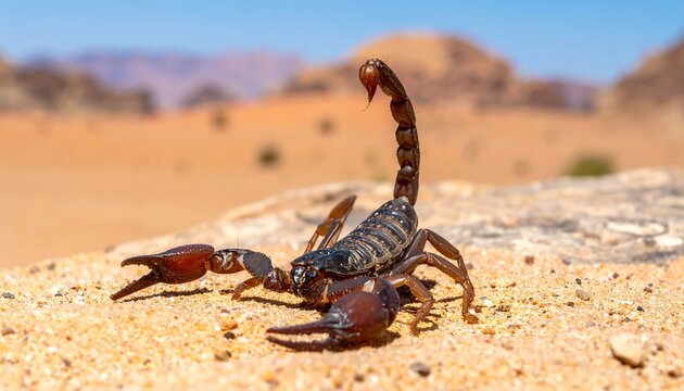 Scorpion on sand, claws open, poised to strike in desert. Mountains are blurred in the background