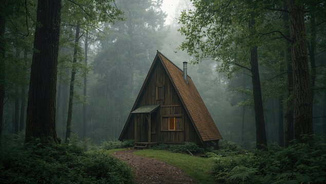 Fototapeta Wooden triangular cabin nestled in the woods during rainy weather