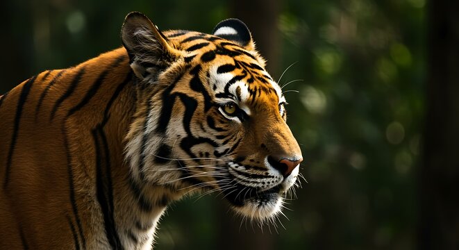 Majestic tiger's side profile, a symbol of power and resilience gazing