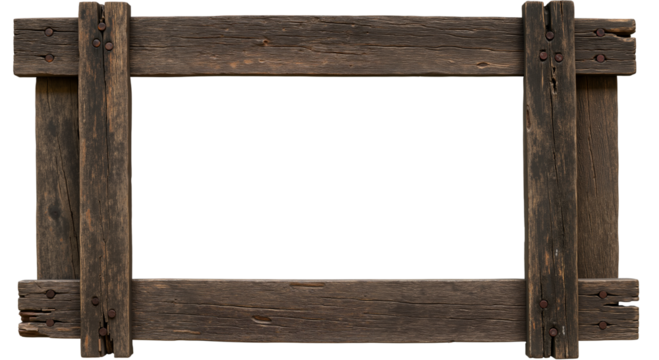 A rustic rectangular frame made of weathered dark wood, a natural border for country-style invitations, photos, and menus.Transparent Background, Cutout