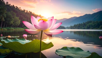 Serene lotus blossoms on placid water at sunset, lush green hillsides in the background