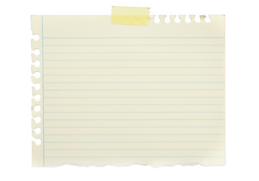 Torn lined paper note with yellow adhesive tape isolated on transparent background