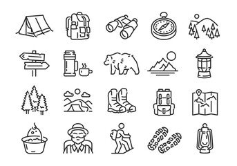 Hiking icons. Set of 20 hiking trendy minimal icons. Tent, Compass, Boots, Backpack, Lantern icon. Design signs for web page mobile app packaging design. Vector illustration