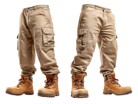 Brown work boots worn with two khaki cargo pants