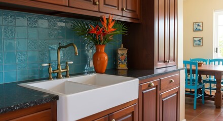 Stylish Kitchen Interior with Farmhouse Sink and Blue Tile Backsplash.