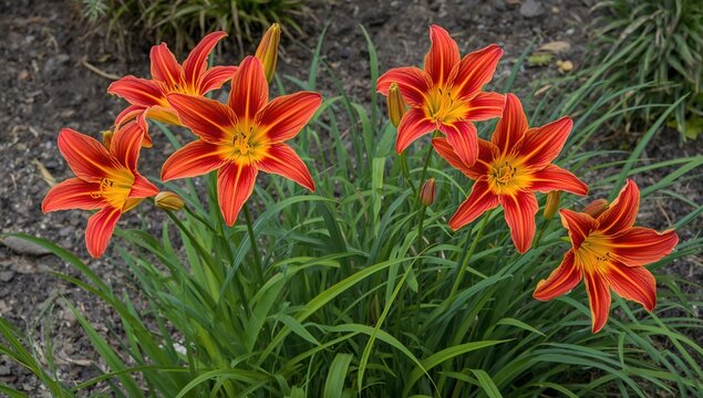 Hemerocallis 'Crimson Pirate', vibrant red daylily blooms with distinct paler midribs and yellow throats, ideal for garden aesthetics