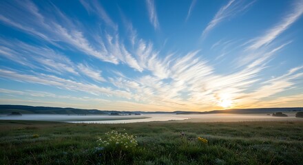 Sunrise over the tranquil landscape with vibrant sky and clouds.