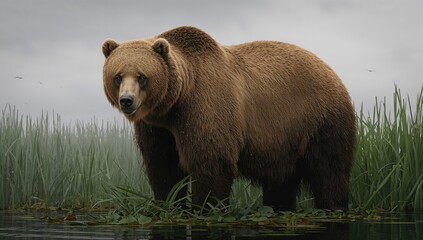 Fototapeta premium Brown bear in marshy environment, exploring natural habitat, preservation