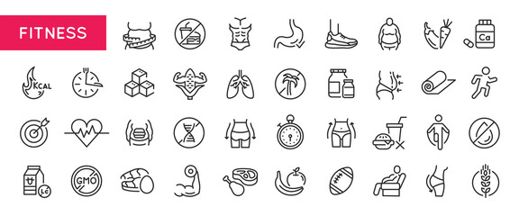 Fitness icons. Large set of fitness trendy minimal icons. Body, Muscle, Scale, Heart, Lungs, Diet, Running icon. Design signs for web page, mobile app, packaging design. Vector illustration