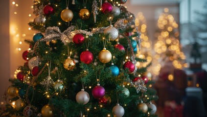 Christmas tree adorned with vibrant ornaments and lights, creating a festive atmosphere