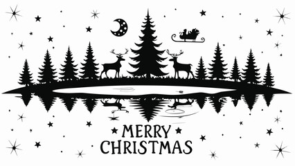Silhouette of a winter forest scene with reindeer santa s sleigh and a crescent moon reflected in water with merry christmas text