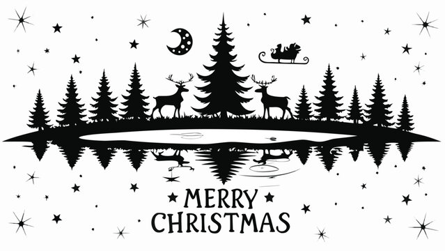 Silhouette of a winter forest scene with reindeer santa s sleigh and a crescent moon reflected in water with merry christmas text