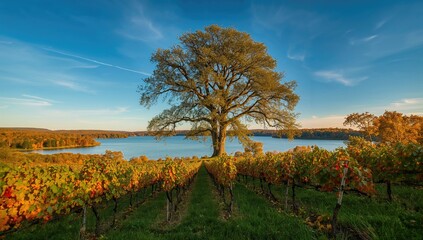 Obraz premium A tree alongside a vineyard near a lake, emphasizing seasonal change