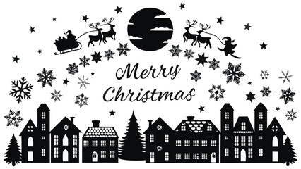 Whimsical black silhouette merry christmas scene featuring santa claus sleighing over snowy village under full moon