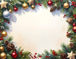 Festive digital illustration of a holiday frame. Evergreen boughs encircle a blank cream-colored space, adorned with ornaments and berries