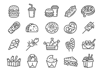 Fast food icons. Set of 20 fast food trendy minimal icons. Burger, Pizza, Donut, Taco, Fries icon. Design signs for web page mobile app packaging design. Vector illustration