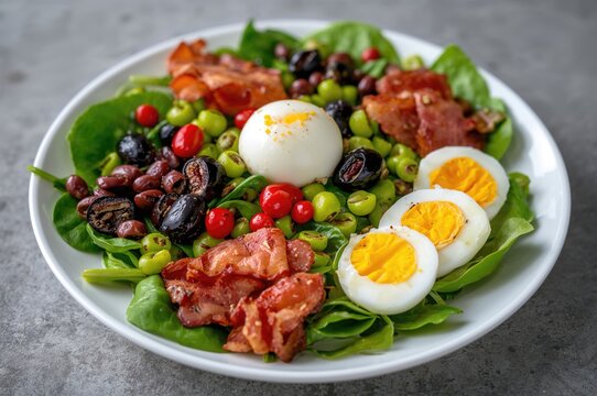 Mixed green and red bean salad with black olives, spinach, boiled egg, and bacon