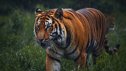 Obraz premium Tiger strolling through wet weather on a lush green backdrop