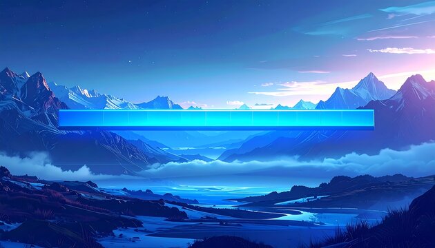 Serene alpine landscape with snow-capped mountains and glowing rectangular element over a valley filled with wispy clouds