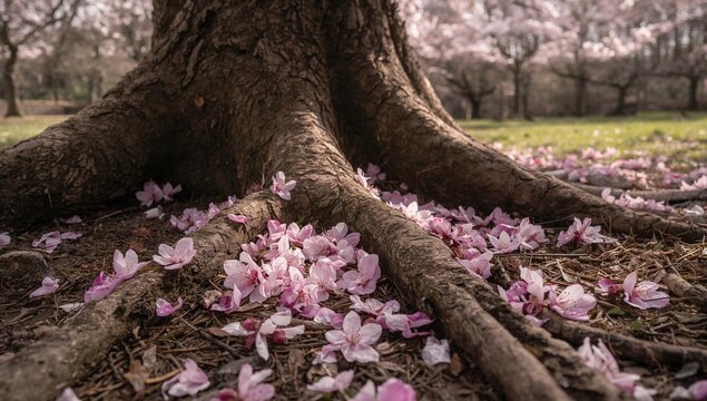 Close-up of cherry tree roots intertwined with fallen cherry blossom petals, highlighting seasonal change