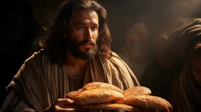 Heavenly compassion: Jesus offers loaf to starving stranger, embodying sacred kindness, biblical generosity, selfless act, divine grace, holy sustenance, gospel truth, faithful deed theological symbol
