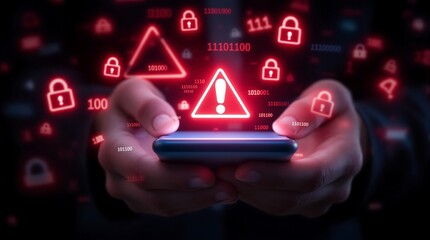 Mobile security alert warning on smartphone with cyber security threat detection and data breach protection