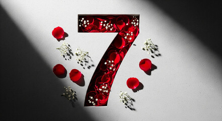 Floral Number Seven with Rose Petals and Light Beam