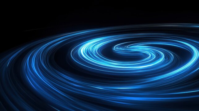 A mesmerizing blue spiral of light streaks, creating a vortex effect against a dark, black background, suggesting motion and energy