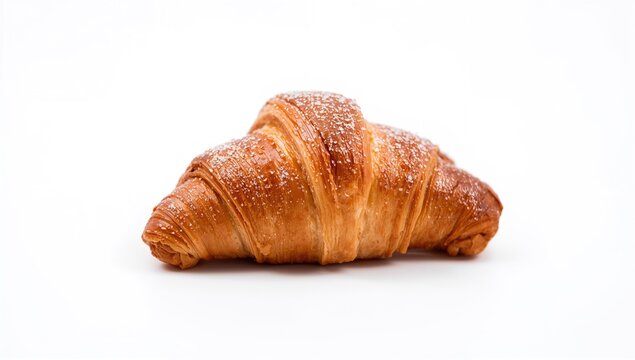 Single croissant with sprinkles isolated on a white surface, close-up view