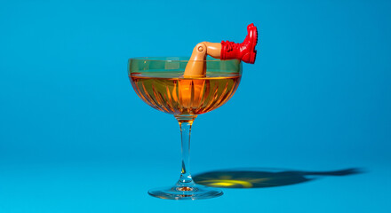 Surreal Cocktail with Toy Leg in Amber Drink on Blue Background