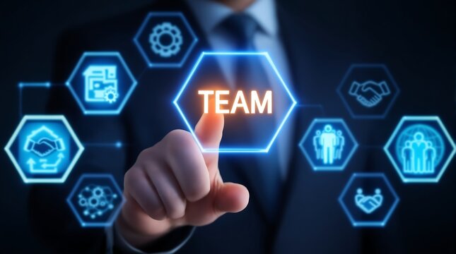 Teamwork collaboration business strategy concept businessman touching team icon on virtual screen company
