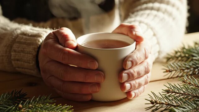 Hot chocolate in mug offers warmth and comfort during cold winter days. Hot chocolate is held in cozy hands, with details showcasing seasonal pine branches. Enjoy hot chocolate as simple pleasures,