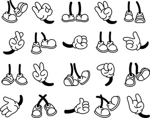 Cartoon hands and feet elements. Large set of retro cartoon glove hands and shoes. Perfect for sticker design, character art, streetwear, and bold visual projects. Vector illustration