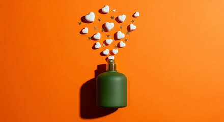 Green Perfume Bottle Spraying White Hearts on Orange Background