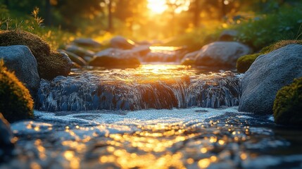 A sunlit stream flows over mossy rocks in a serene, natural environment