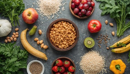 Foods rich in carbohydrates on a neutral backdrop, highlighting nutritional benefits