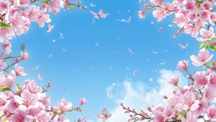 Spring cherry blossoms under a clear blue sky with butterflies dancing nearby, featuring a floral frame for text surrounded by pink flowers.