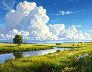 Naklejka premium A vibrant landscape painting showcases a bright, cloud-filled sky above a green meadow, flowing river, and single tree
