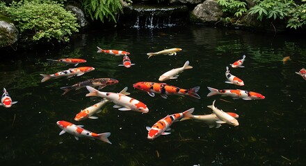 Vibrant Koi Fish Swimming Gracefully in a Serene Japanese Garden Pond.