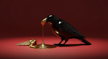 Black Bird with Golden Beak and Ornament on Red Background