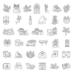 Line Art Christmas and Winter Elements: Gifts, Candles, Pine Branches, Sleigh, Fireplace, Mittens, Holiday Decor