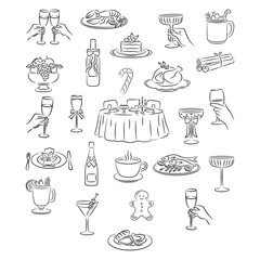 Line Art Christmas Food and Drinks Icons: Champagne, Cocktails, Cake, Roast, Coffee, Festive Dinner Table