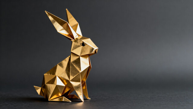 Gold origami rabbit on dark background symbolizing Lunar New Year, space for text