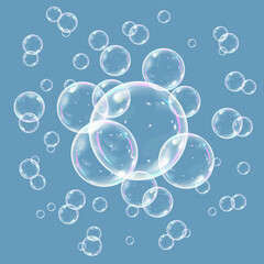 Realistic soap bubbles on blue background. Transparent shiny spheres with light reflections. Fresh clean design for hygiene, spa, air, or summer concept.