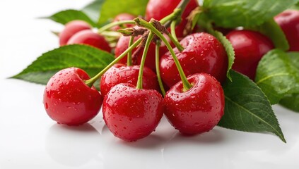 Obraz premium Acerola cherries with green leaves and water droplets on a white background, highlighting hydration benefits