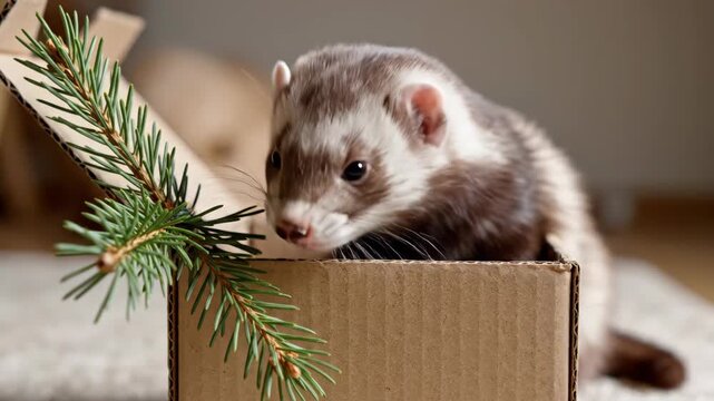 Charming ferret in box with fir branch for holiday decoration. Holiday ferret in box makes playful addition to festive ambiance with evergreen. Share holiday spirit with ferret in box,