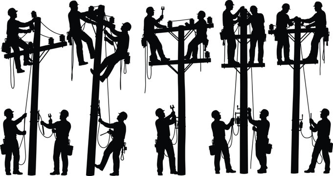  Utility workers, electrical pole maintenance, silhouette crew, safety gear, hazardous job, teamwork, infrastructure repair, flat vector, installation, skilled labor